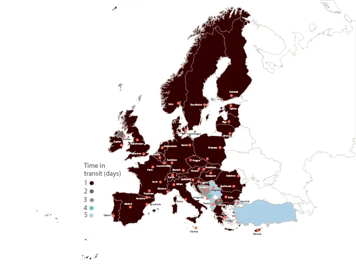 UPS Express Lieferzeiten in ganz Europa UPS Express Lieferzeitenkarte für Europa mit der voraussichtlichen Versanddauer nach Ländern